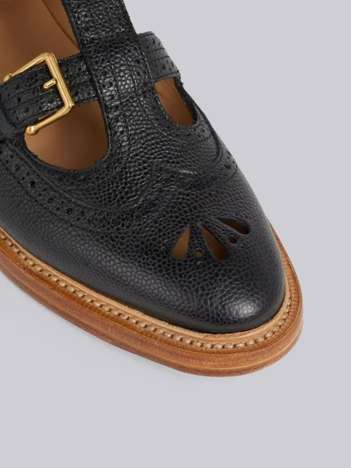 Thom Browne Pebbled Calfskin 2strap Tbar Thom John Black Women Brogues and Loafers