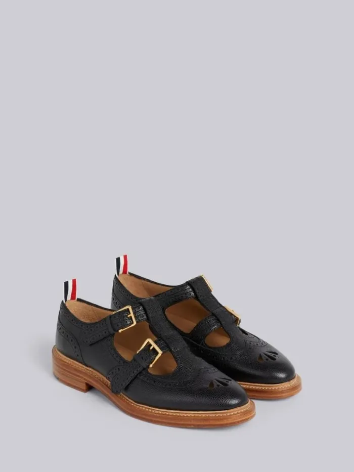 Thom Browne Pebbled Calfskin 2strap Tbar Thom John Black Women Brogues and Loafers