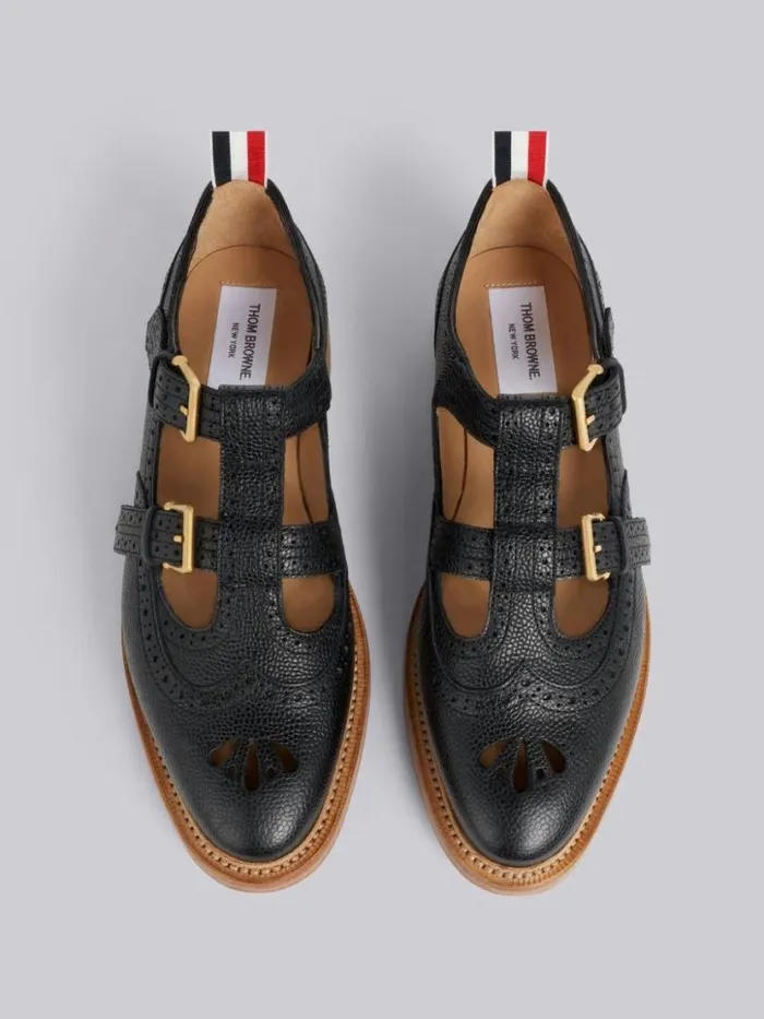 Thom Browne Pebbled Calfskin 2strap Tbar Thom John Black Women Brogues and Loafers
