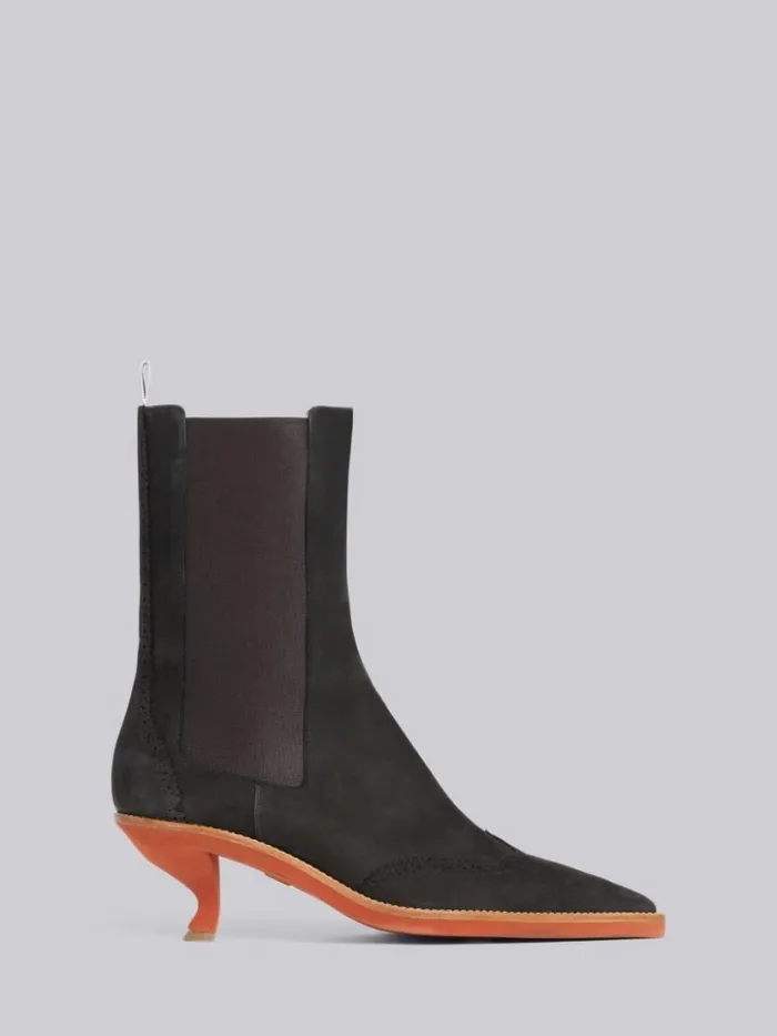 Thom Browne Suede Brogued Wingtip 4bar 50mm Curved Heel Chelsea Boot Black Women Heels