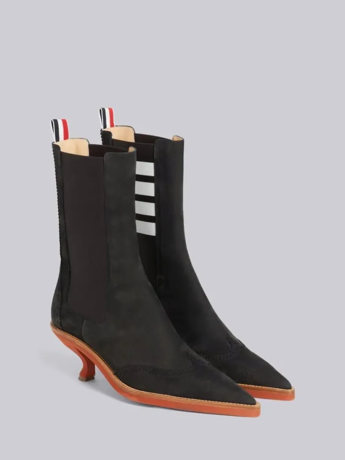 Thom Browne Suede Brogued Wingtip 4bar 50mm Curved Heel Chelsea Boot Black Women Heels