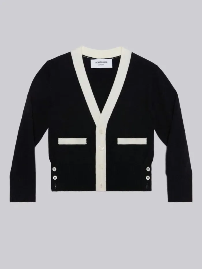 Thom Browne Sustainable Fine Merino Wool Back Stripe Classic Vneck Cardigan Navy GirlsBoys Knitwear Thom Browne Sustainable Fine Merino Wool Back Stripe Classic Vneck Cardigan Navy GirlsBoys Knitwear