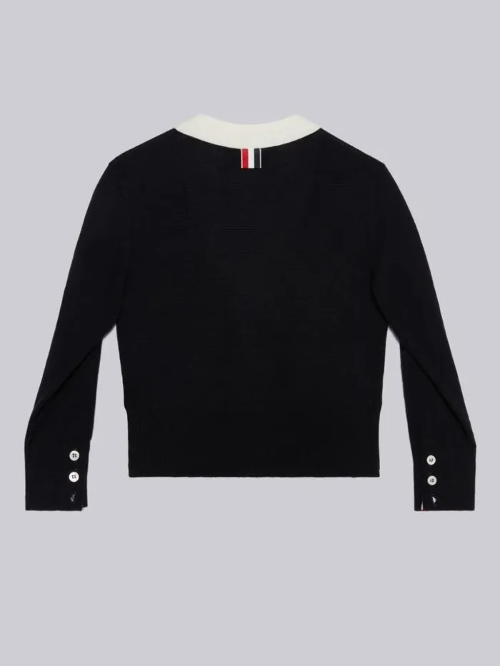 Thom Browne Sustainable Fine Merino Wool Back Stripe Classic Vneck Cardigan Navy GirlsBoys Knitwear