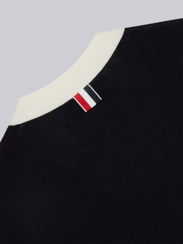 Thom Browne Sustainable Fine Merino Wool Back Stripe Classic Vneck Cardigan Navy GirlsBoys Knitwear
