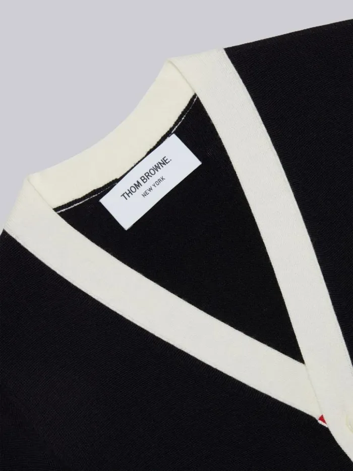 Thom Browne Sustainable Fine Merino Wool Back Stripe Classic Vneck Cardigan Navy GirlsBoys Knitwear