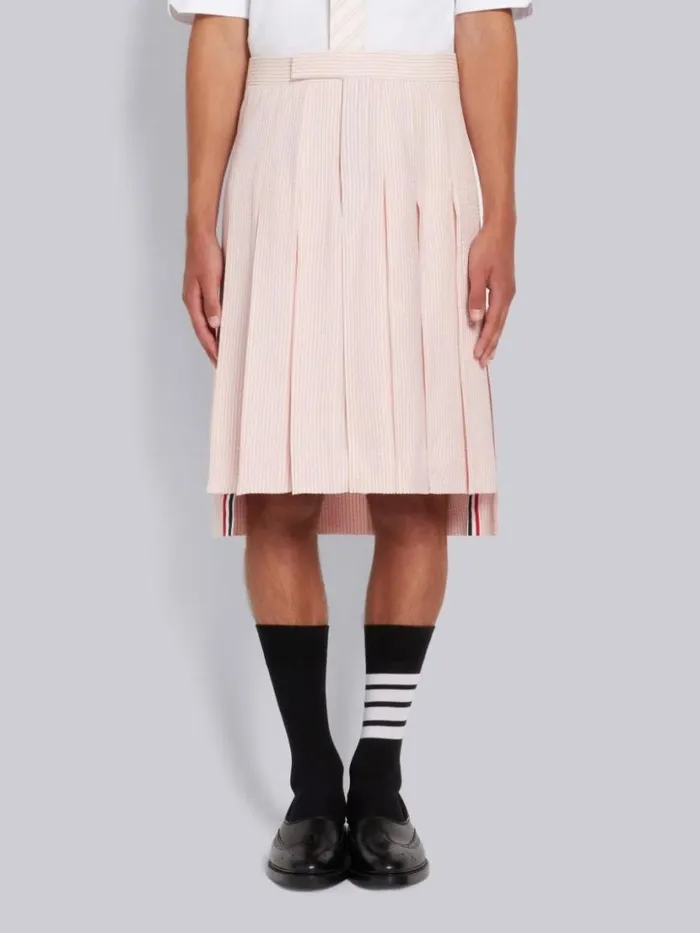 Thom Browne Wool Seersucker Knee Length Backstrap Pleated Skirt Light Pink Men Trousers Thom Browne Wool Seersucker Knee Length Backstrap Pleated Skirt Light Pink Men Trousers