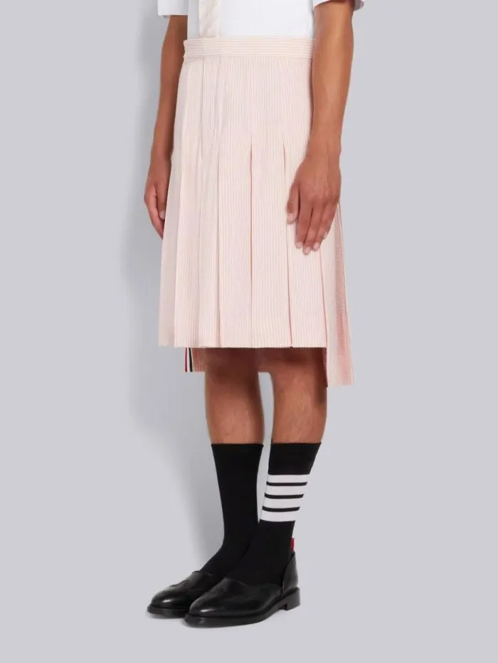 Thom Browne Wool Seersucker Knee Length Backstrap Pleated Skirt Light Pink Men Trousers