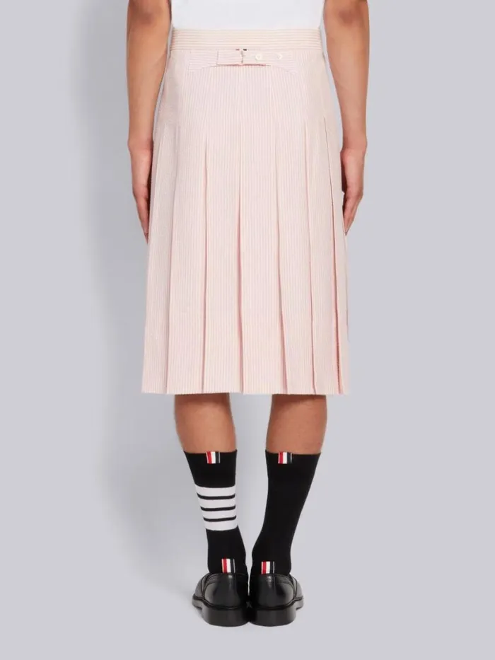 Thom Browne Wool Seersucker Knee Length Backstrap Pleated Skirt Light Pink Men Trousers