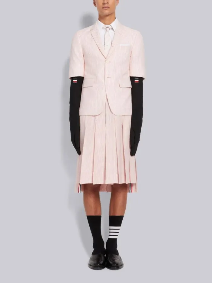 Thom Browne Wool Seersucker Knee Length Backstrap Pleated Skirt Light Pink Men Trousers