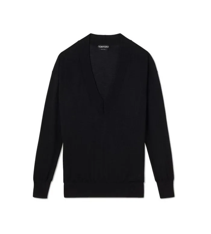 Tom Ford Knitwear FINE CASHMERE SILK VNECK SWEATER Black 8211 Women
