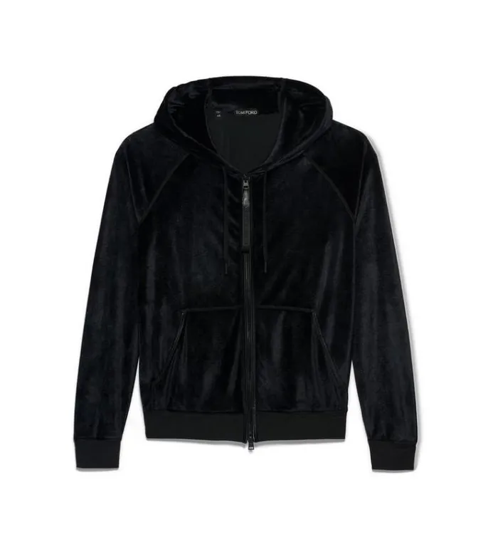Tom Ford Knitwear FLUID MODAL VELOUR HOOD ZIP THROUGH Black 8211 Men