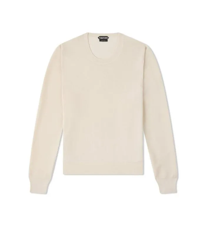 Tom Ford Knitwear TEXTURED SILK MERINO CREW NECK Chalk 8211 Men