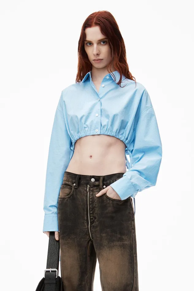 Tops and Shirts Women Alexander Wang Cropped Drawstring Blouse In Cotton and Crystal Hotfix Poplin