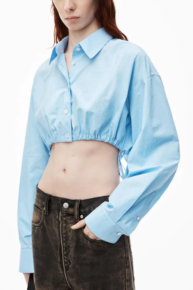 Tops and Shirts Women Alexander Wang Cropped Drawstring Blouse In Cotton and Crystal Hotfix Poplin