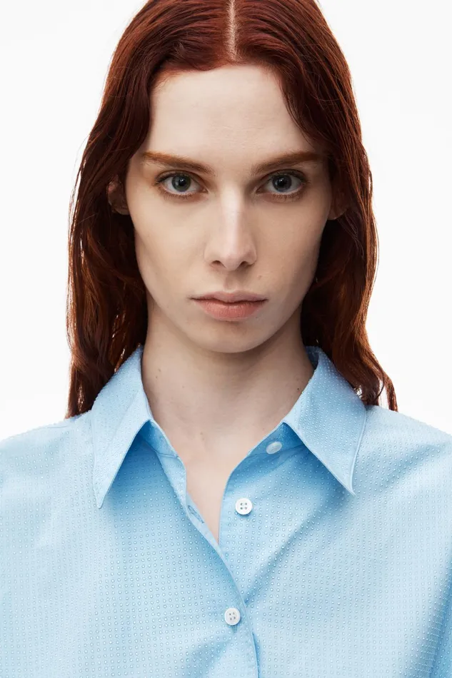 Tops and Shirts Women Alexander Wang Cropped Drawstring Blouse In Cotton and Crystal Hotfix Poplin