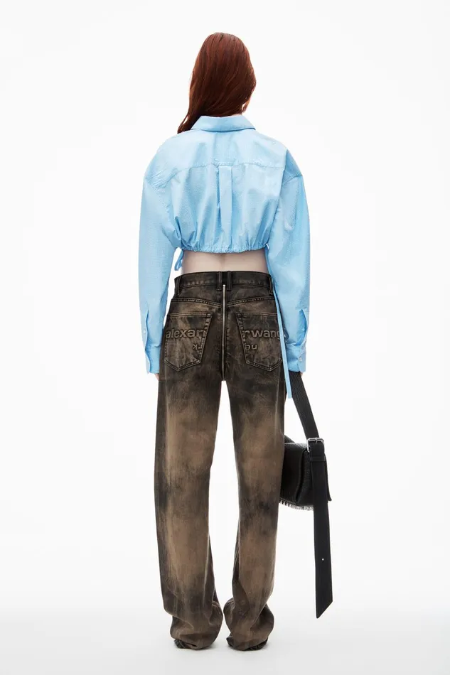 Tops and Shirts Women Alexander Wang Cropped Drawstring Blouse In Cotton and Crystal Hotfix Poplin