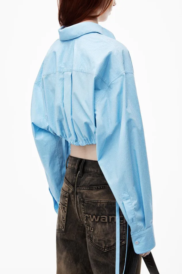 Tops and Shirts Women Alexander Wang Cropped Drawstring Blouse In Cotton and Crystal Hotfix Poplin