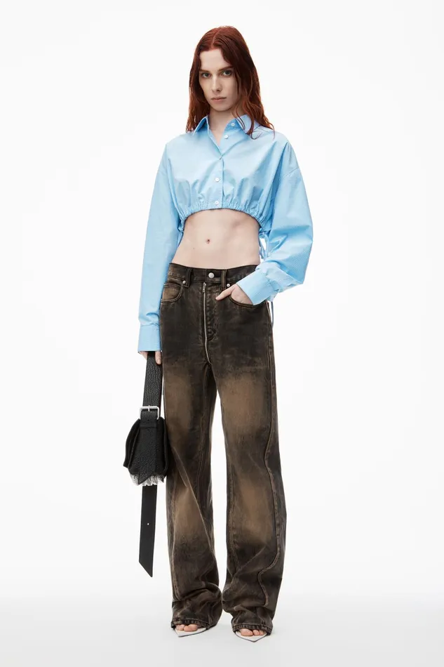 Tops and Shirts Women Alexander Wang Cropped Drawstring Blouse In Cotton and Crystal Hotfix Poplin