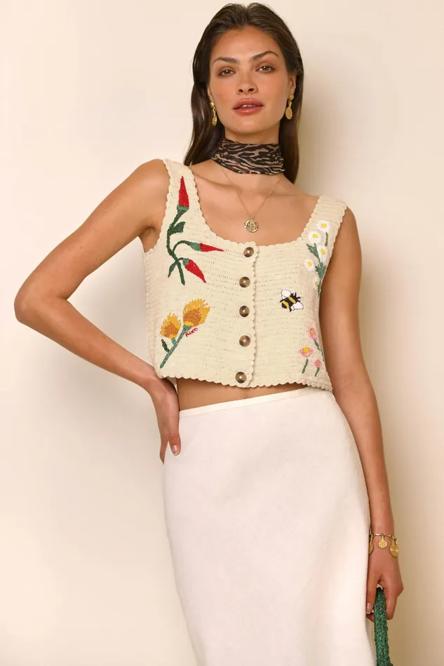 Tops Women RIXO Luma Chili Embroidery Cream Tops Women RIXO Luma Chili Embroidery Cream