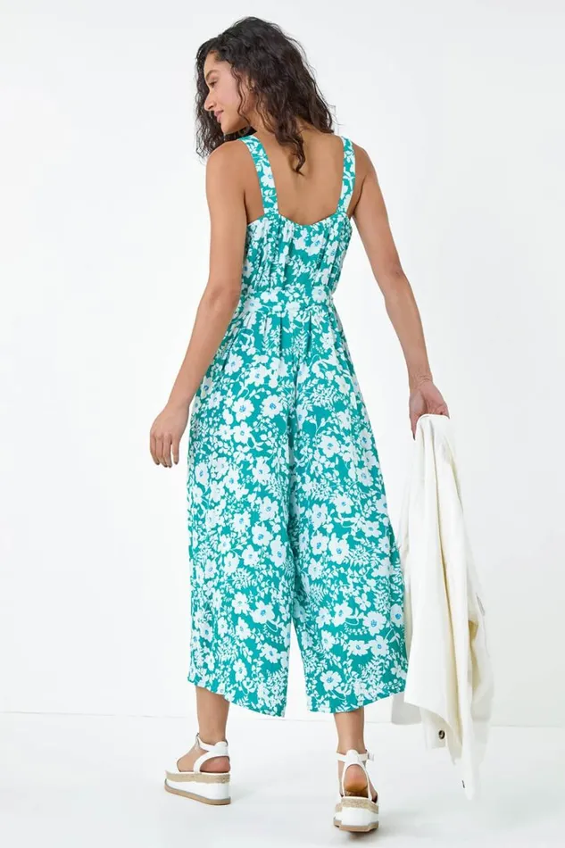 Turquoise Floral Print Belted Jumpsuit Women Roman Dresses