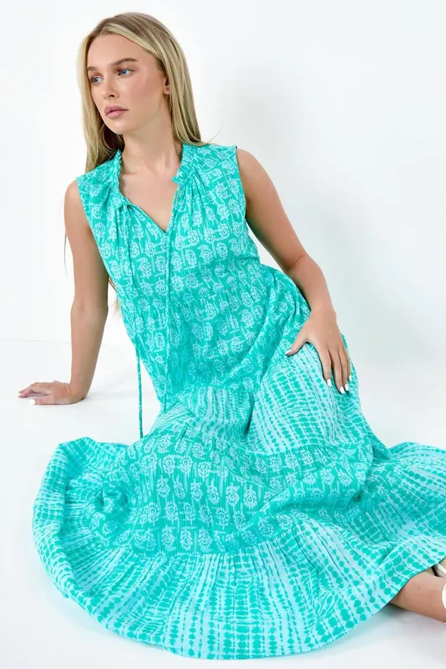 Turquoise Petite Tie Dye Tiered Midi Dress Women Roman Dresses