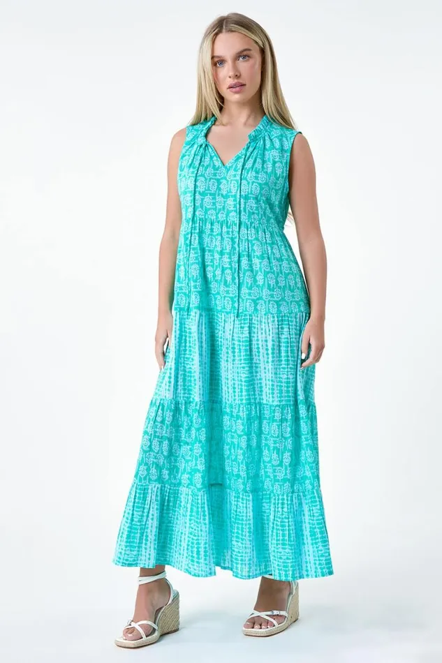 Turquoise Petite Tie Dye Tiered Midi Dress Women Roman Dresses