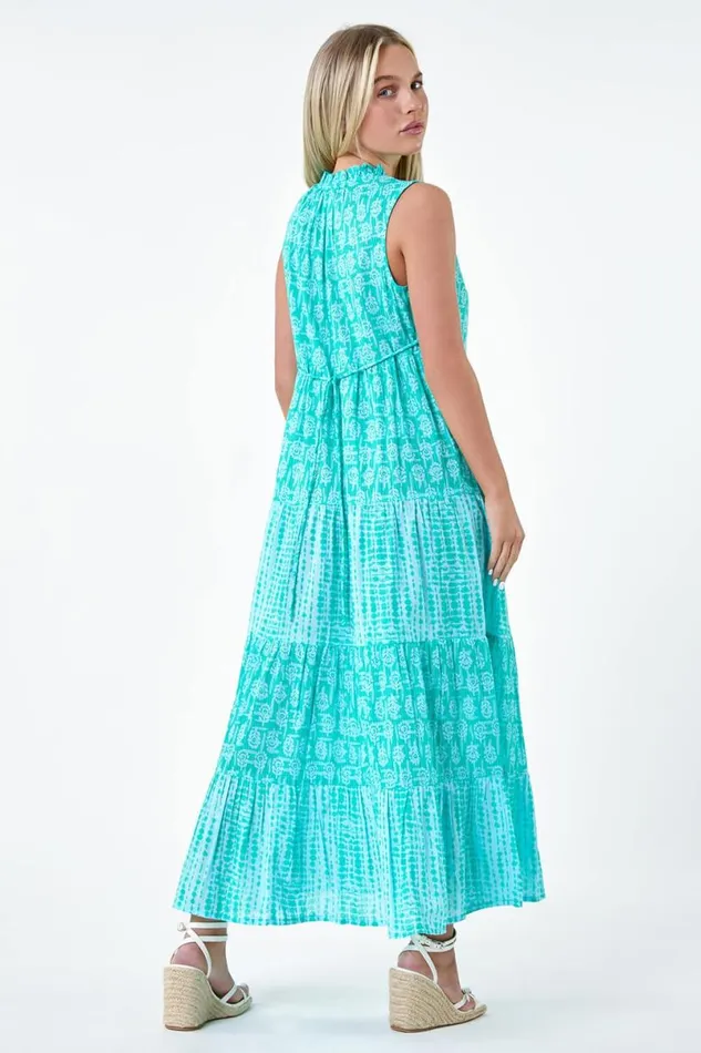 Turquoise Petite Tie Dye Tiered Midi Dress Women Roman Dresses