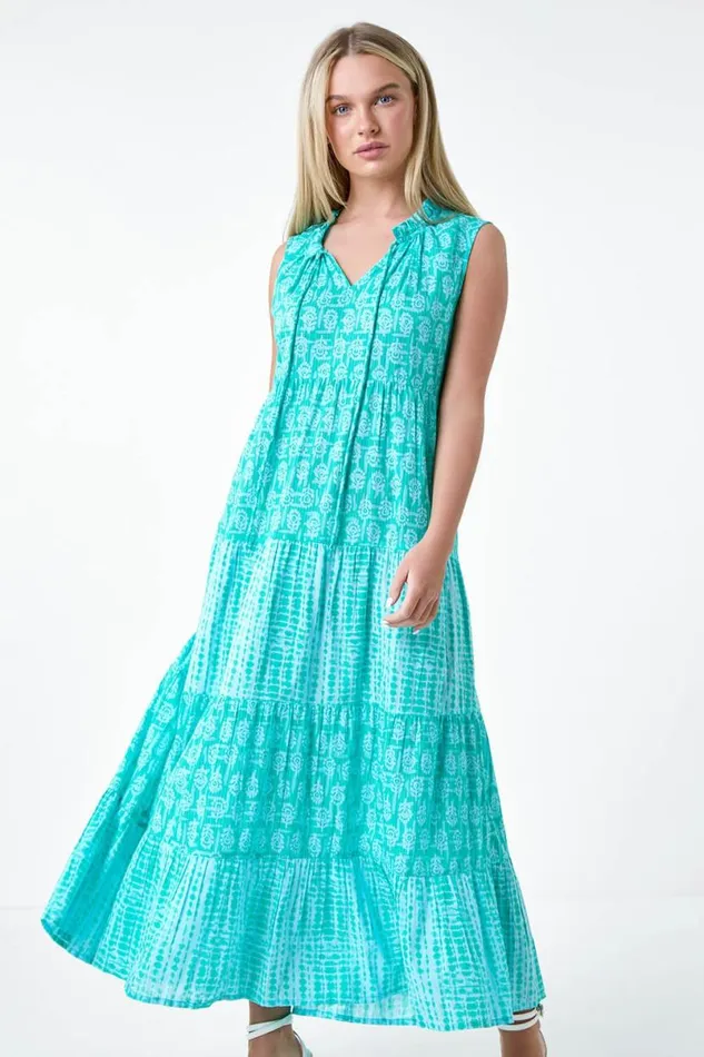 Turquoise Petite Tie Dye Tiered Midi Dress Women Roman Dresses