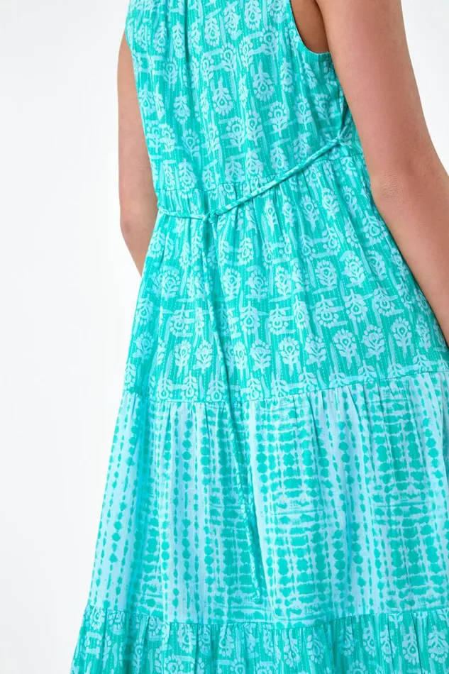 Turquoise Petite Tie Dye Tiered Midi Dress Women Roman Dresses