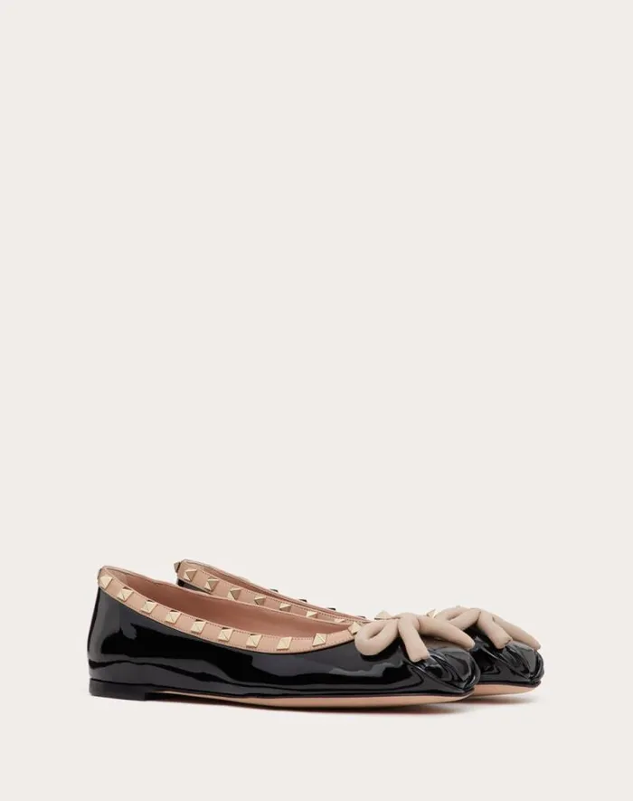 Valentino Ballerinas Woman Rockstud Patent Leather Ballerina For Woman In Black Black