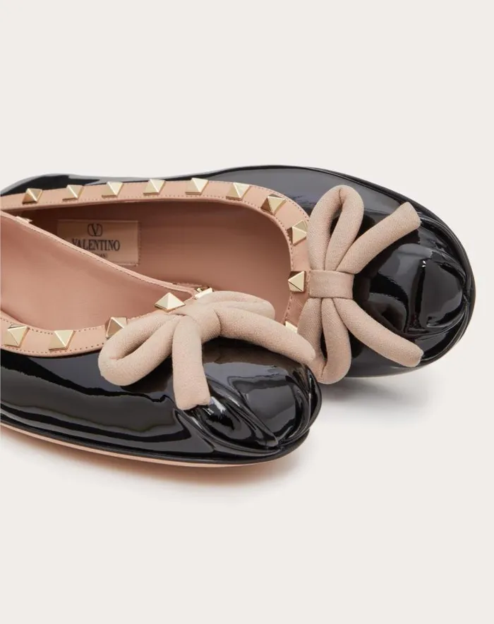 Valentino Ballerinas Woman Rockstud Patent Leather Ballerina For Woman In Black Black