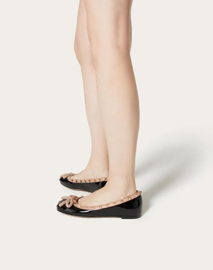 Valentino Ballerinas Woman Rockstud Patent Leather Ballerina For Woman In Black Black