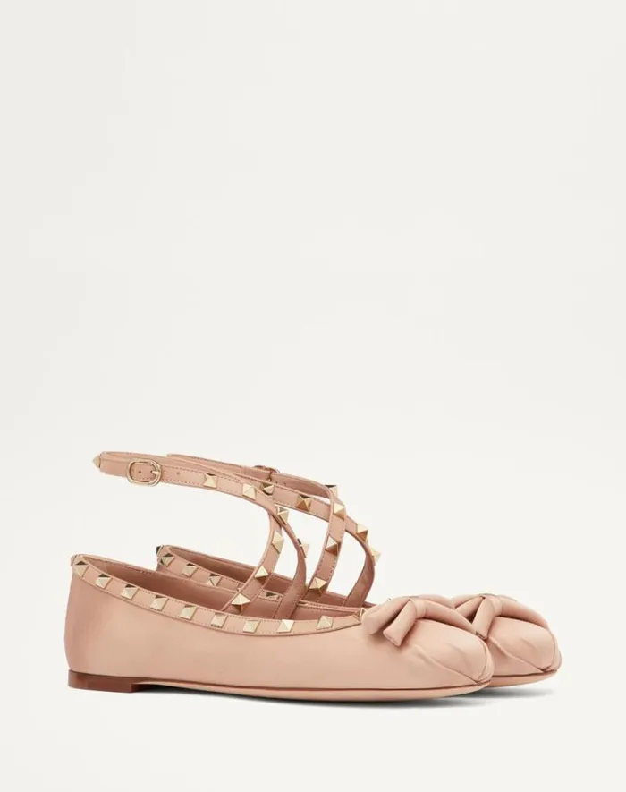 Valentino Ballerinas Woman Rockstud Satin Ballerina For Woman In Water Lilac Water Lilac