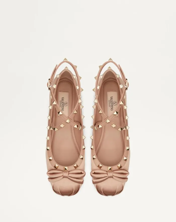 Valentino Ballerinas Woman Rockstud Satin Ballerina For Woman In Water Lilac Water Lilac