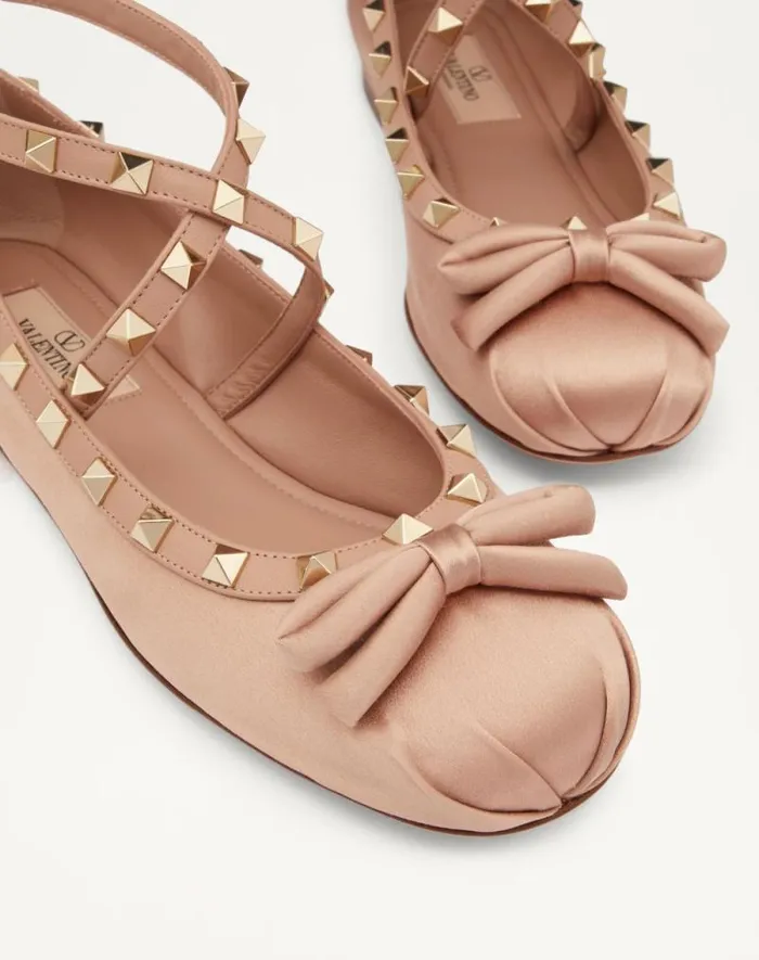 Valentino Ballerinas Woman Rockstud Satin Ballerina For Woman In Water Lilac Water Lilac