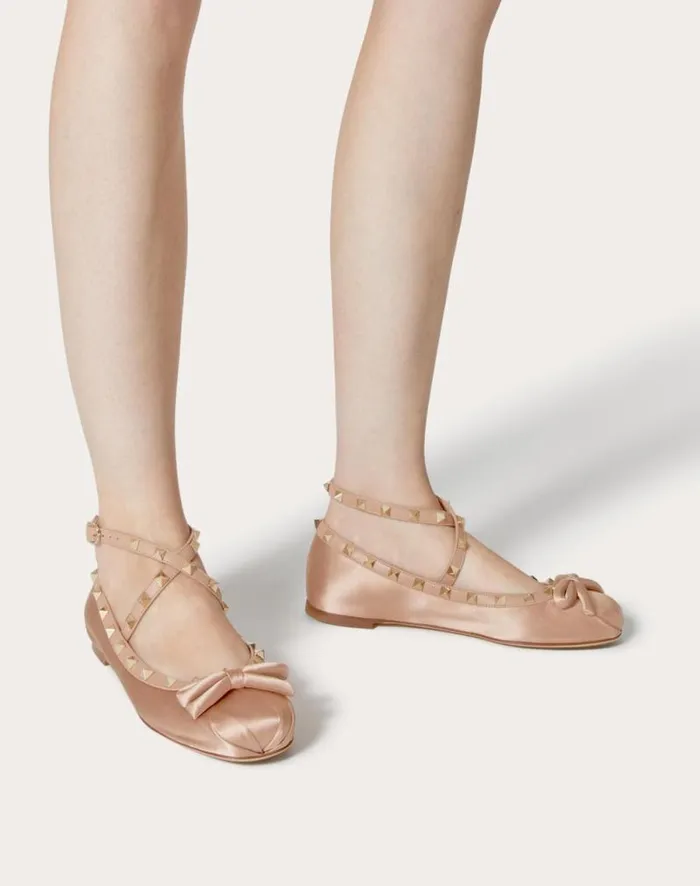Valentino Ballerinas Woman Rockstud Satin Ballerina For Woman In Water Lilac Water Lilac