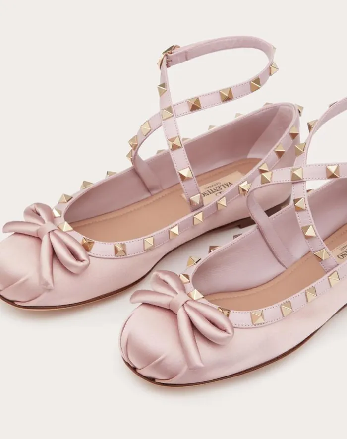 Valentino Ballerinas Woman Rockstud Satin Ballerina For Woman In Water Lilac Water Lilac