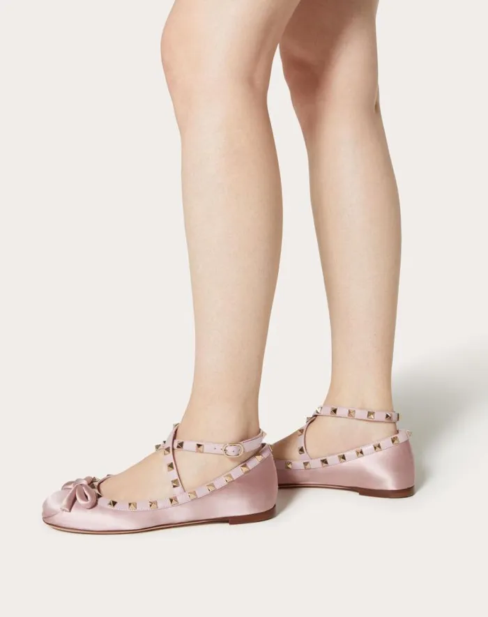 Valentino Ballerinas Woman Rockstud Satin Ballerina For Woman In Water Lilac Water Lilac
