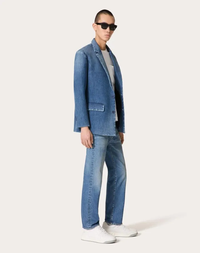 Valentino Denim Man Singlebreasted Denim Jacket Laminated With Neoprene Scuba For Man In Denim Denim Valentino Denim Man Singlebreasted Denim Jacket Laminated With Neoprene Scuba For Man In Denim Denim