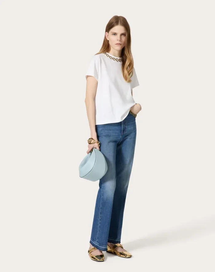Valentino Denim Woman Embroidered Blue Medio Con Riserva Trousers For Woman In Denim Denim