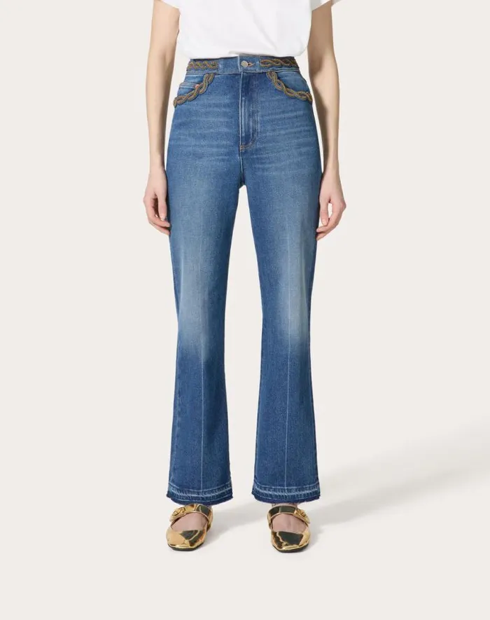 Valentino Denim Woman Embroidered Blue Medio Con Riserva Trousers For Woman In Denim Denim