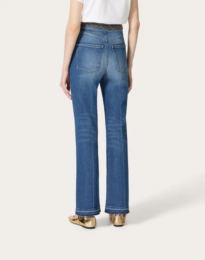 Valentino Denim Woman Embroidered Blue Medio Con Riserva Trousers For Woman In Denim Denim
