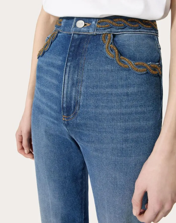 Valentino Denim Woman Embroidered Blue Medio Con Riserva Trousers For Woman In Denim Denim