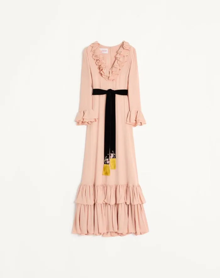 Valentino Gowns Woman Embroidered Georgette Long Dress For Woman In Rose Mist Rose Mist