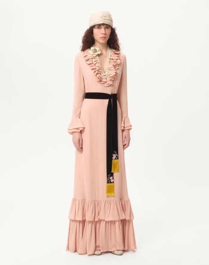 Valentino Gowns Woman Embroidered Georgette Long Dress For Woman In Rose Mist Rose Mist Valentino Gowns Woman Embroidered Georgette Long Dress For Woman In Rose Mist Rose Mist