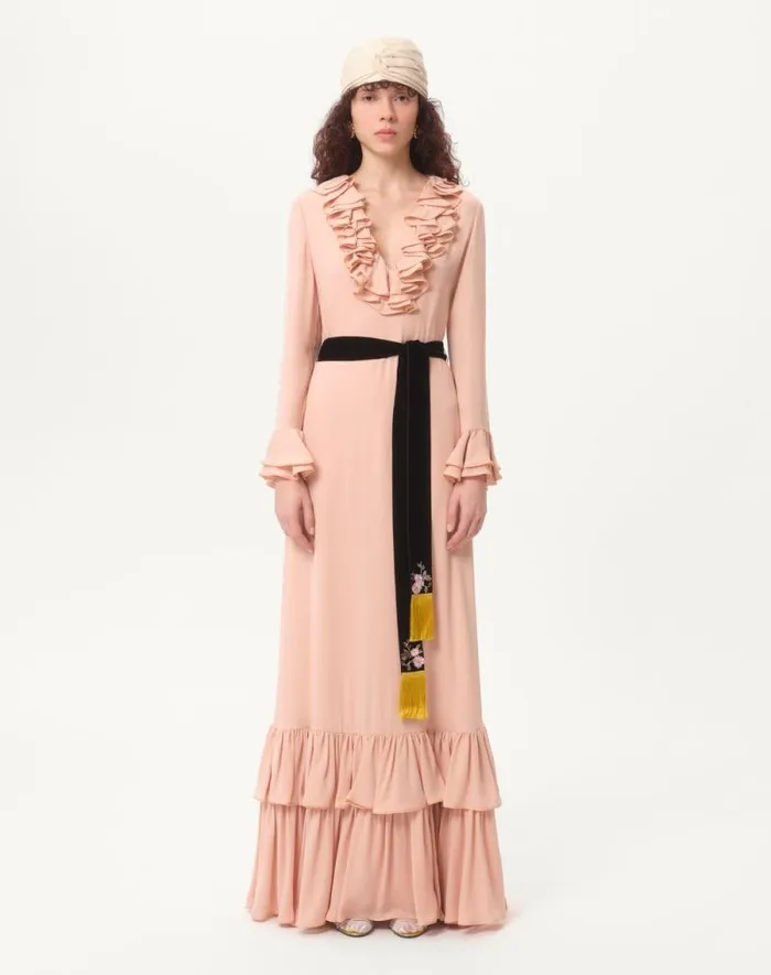 Valentino Gowns Woman Embroidered Georgette Long Dress For Woman In Rose Mist Rose Mist Valentino Gowns Woman Embroidered Georgette Long Dress For Woman In Rose Mist Rose Mist