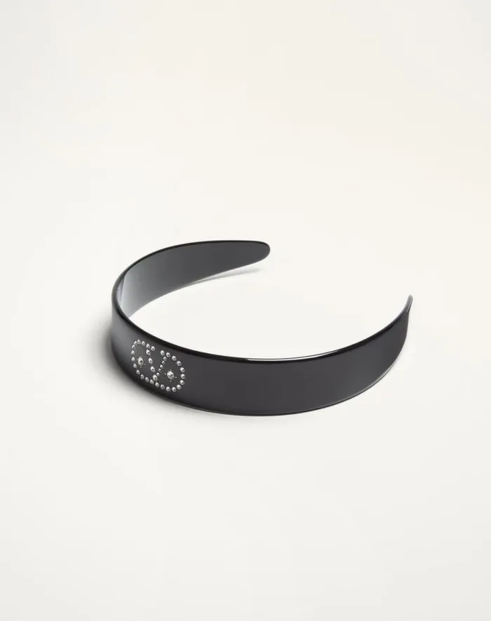 Valentino Hair Accessories Woman Vlogo Signature Headband In Resin Metal And Crystals For Woman In Blackgoldcrystal Blackgoldcrystal