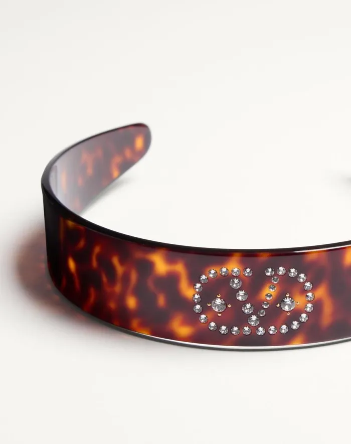 Valentino Hair Accessories Woman Vlogo Signature Headband In Resin Metal And Crystals For Woman In Blackgoldcrystal Blackgoldcrystal