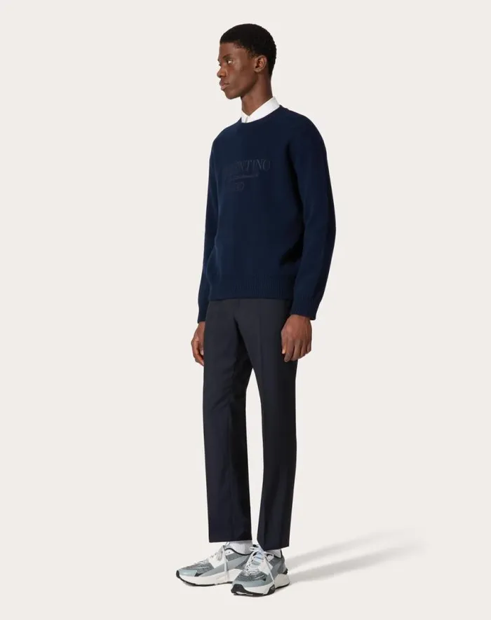 Valentino Knitwear Man Crewneck Wool Sweater With Valentino Embroidery For Man In Navy Navy