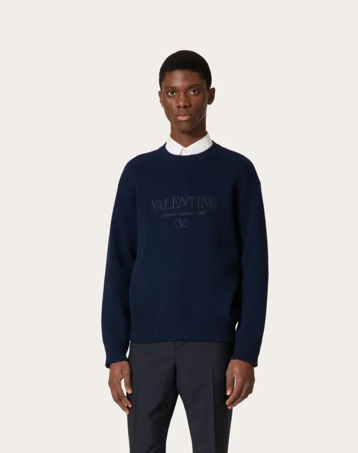 Valentino Knitwear Man Crewneck Wool Sweater With Valentino Embroidery For Man In Navy Navy